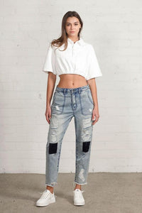 Raw Hem Patched Jeans - Jessiz Boutique