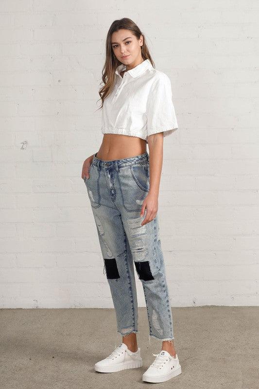 Raw Hem Patched Jeans - Jessiz Boutique