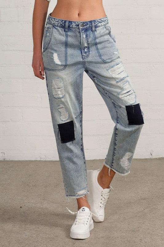 Raw Hem Patched Jeans - Jessiz Boutique