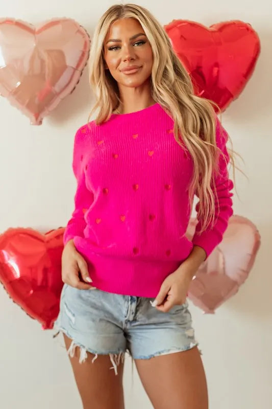 Red Heart Shape Drop Shoulder Round Neck Sweater - Jessiz Boutique