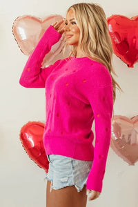 Red Heart Shape Drop Shoulder Round Neck Sweater - Jessiz Boutique