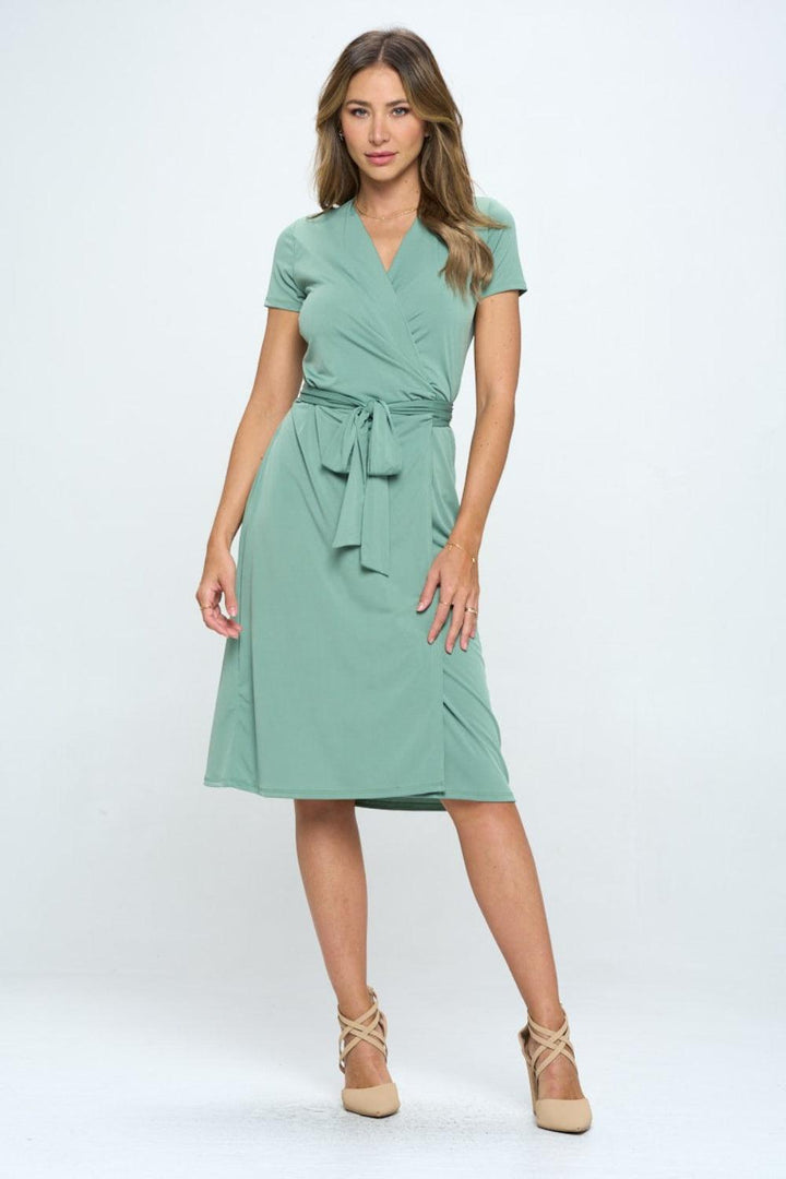 RENEE C Tie Front Surplice Short Sleeve Dress - Jessiz Boutique