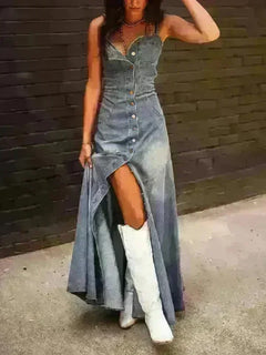 Retro Denim Washed Distressed Slim Fit Buttoned Long Swing Dress - Jessiz Boutique