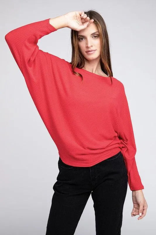 Ribbed Batwing Long Sleeve Boat Neck Sweater - Jessiz Boutique