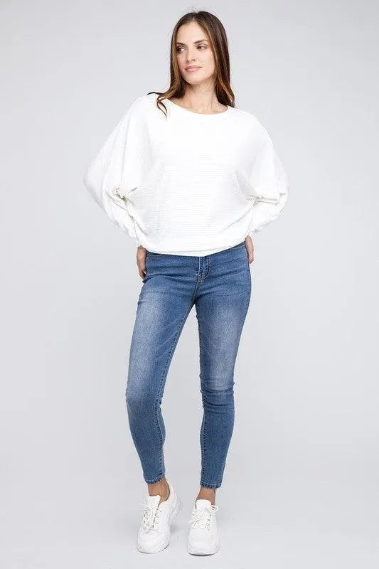 Ribbed Batwing Long Sleeve Boat Neck Sweater - Jessiz Boutique