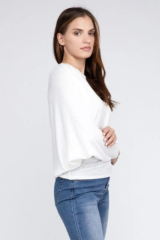 Ribbed Batwing Long Sleeve Boat Neck Sweater - Jessiz Boutique