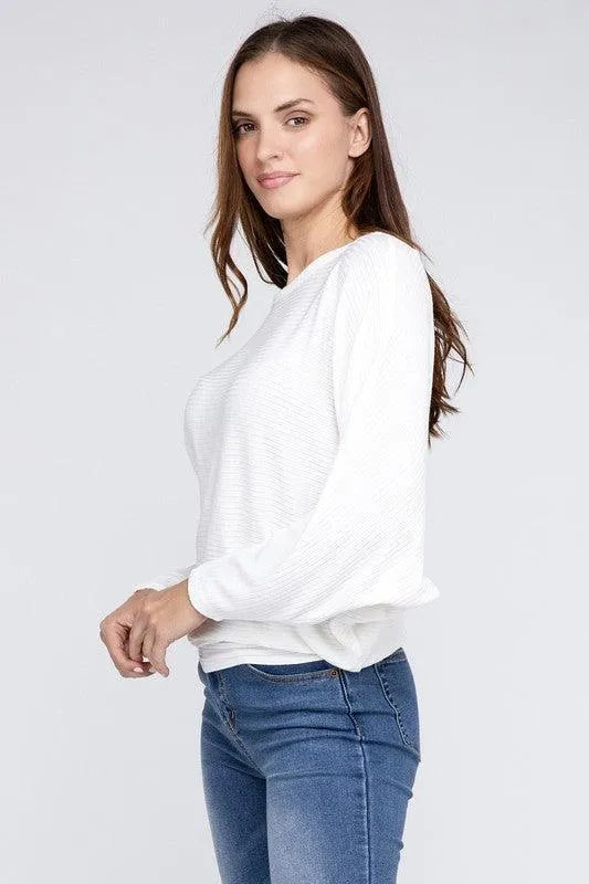 Ribbed Batwing Long Sleeve Boat Neck Sweater - Jessiz Boutique