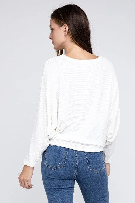 Ribbed Batwing Long Sleeve Boat Neck Sweater - Jessiz Boutique