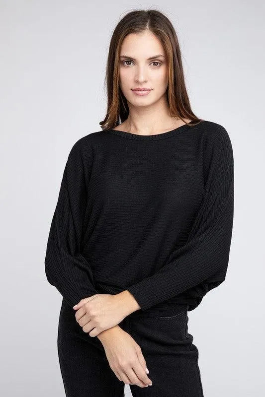 Ribbed Batwing Long Sleeve Boat Neck Sweater - Jessiz Boutique