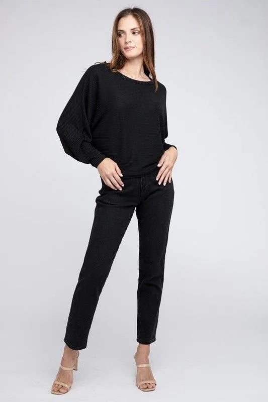 Ribbed Batwing Long Sleeve Boat Neck Sweater - Jessiz Boutique