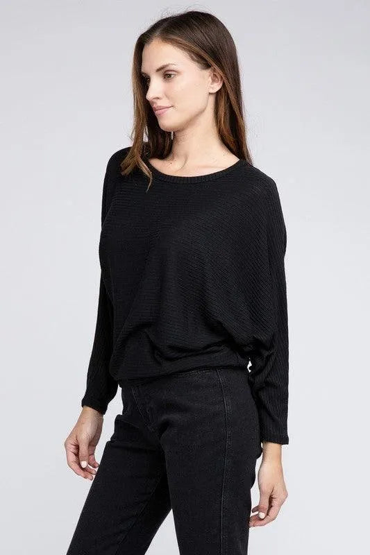 Ribbed Batwing Long Sleeve Boat Neck Sweater - Jessiz Boutique