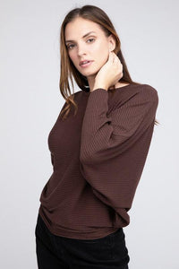 Ribbed Batwing Long Sleeve Boat Neck Sweater - Jessiz Boutique