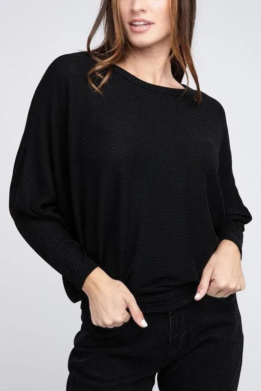 Ribbed Batwing Long Sleeve Boat Neck Sweater - Jessiz Boutique