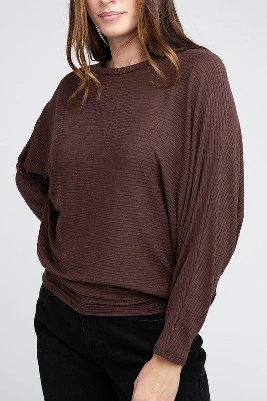 Ribbed Batwing Long Sleeve Boat Neck Sweater - Jessiz Boutique