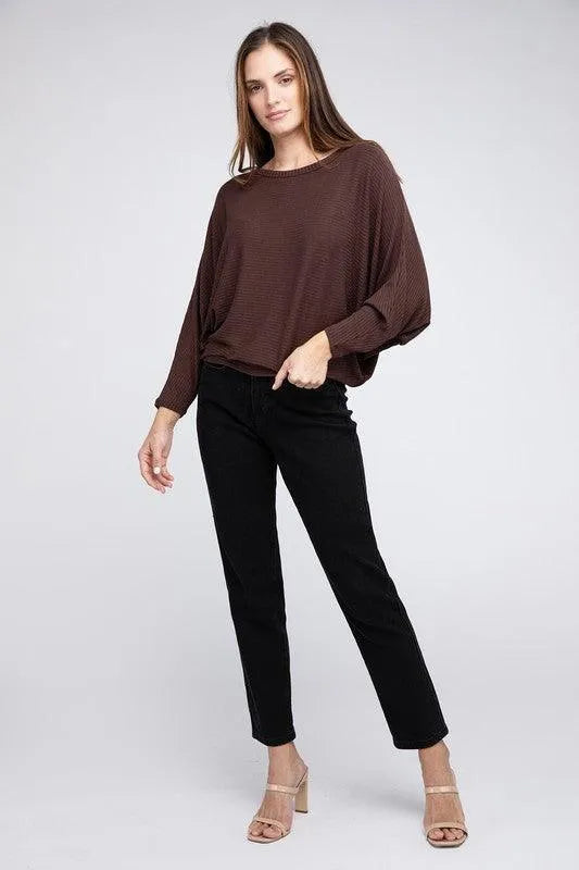 Ribbed Batwing Long Sleeve Boat Neck Sweater - Jessiz Boutique