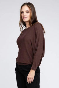 Ribbed Batwing Long Sleeve Boat Neck Sweater - Jessiz Boutique