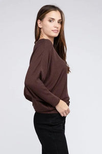 Ribbed Batwing Long Sleeve Boat Neck Sweater - Jessiz Boutique