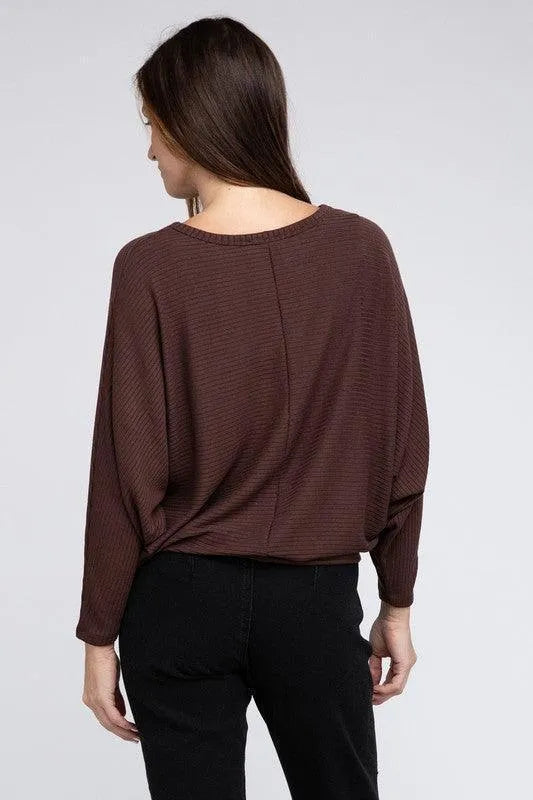 Ribbed Batwing Long Sleeve Boat Neck Sweater - Jessiz Boutique