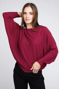 Ribbed Batwing Long Sleeve Boat Neck Sweater - Jessiz Boutique