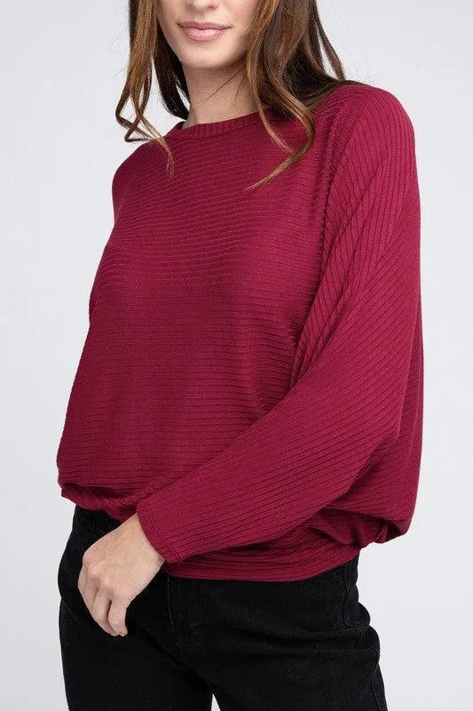 Ribbed Batwing Long Sleeve Boat Neck Sweater - Jessiz Boutique