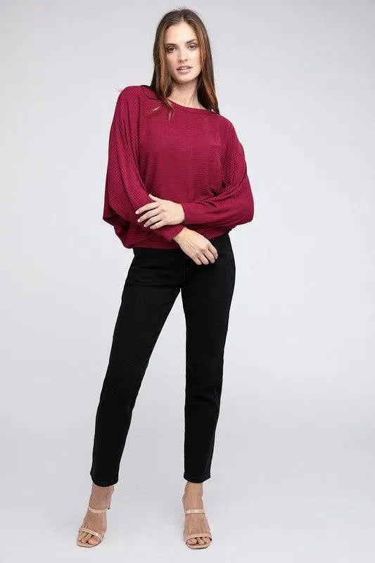 Ribbed Batwing Long Sleeve Boat Neck Sweater - Jessiz Boutique