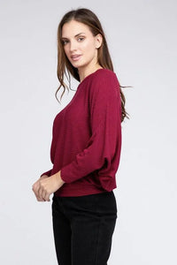 Ribbed Batwing Long Sleeve Boat Neck Sweater - Jessiz Boutique