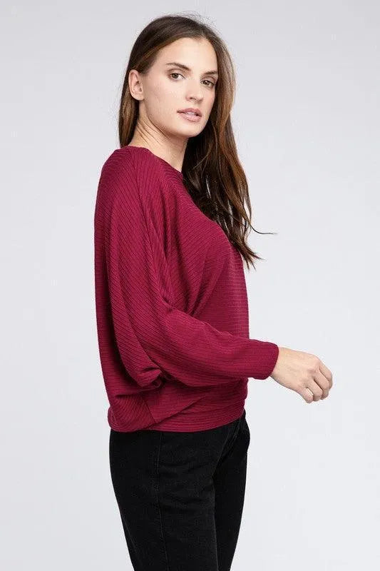 Ribbed Batwing Long Sleeve Boat Neck Sweater - Jessiz Boutique