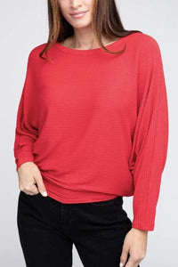 Ribbed Batwing Long Sleeve Boat Neck Sweater - Jessiz Boutique