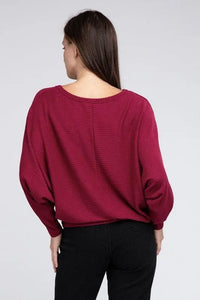 Ribbed Batwing Long Sleeve Boat Neck Sweater - Jessiz Boutique