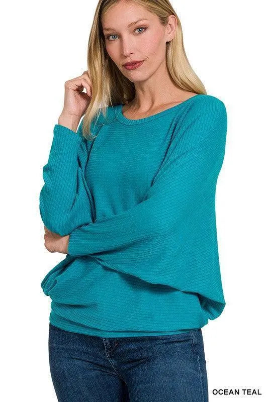 Ribbed Batwing Long Sleeve Boat Neck Sweater - Jessiz Boutique