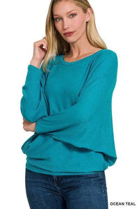 Ribbed Batwing Long Sleeve Boat Neck Sweater - Jessiz Boutique