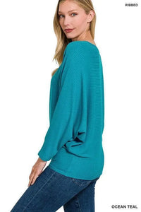 Ribbed Batwing Long Sleeve Boat Neck Sweater - Jessiz Boutique