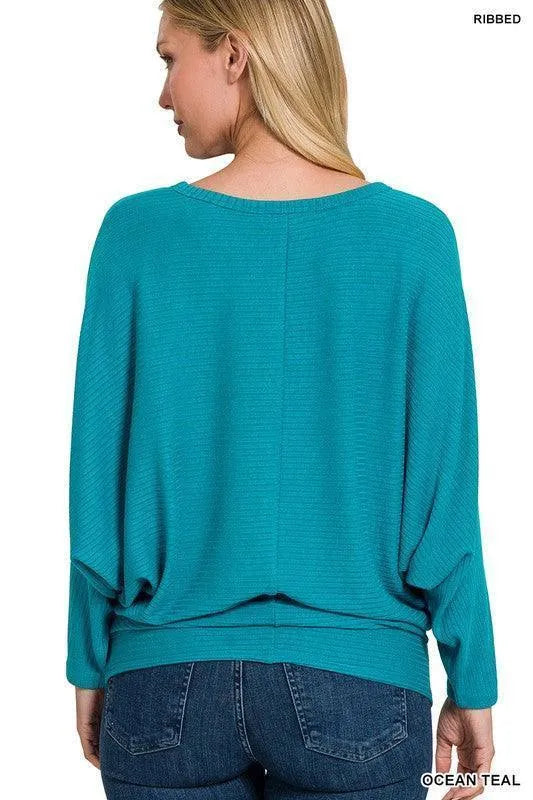 Ribbed Batwing Long Sleeve Boat Neck Sweater - Jessiz Boutique