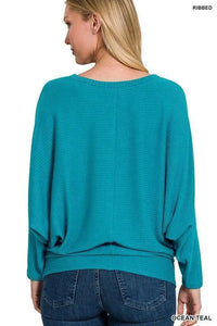 Ribbed Batwing Long Sleeve Boat Neck Sweater - Jessiz Boutique