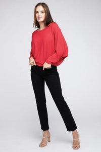 Ribbed Batwing Long Sleeve Boat Neck Sweater - Jessiz Boutique