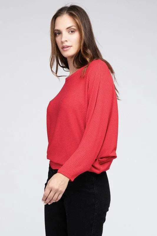 Ribbed Batwing Long Sleeve Boat Neck Sweater - Jessiz Boutique