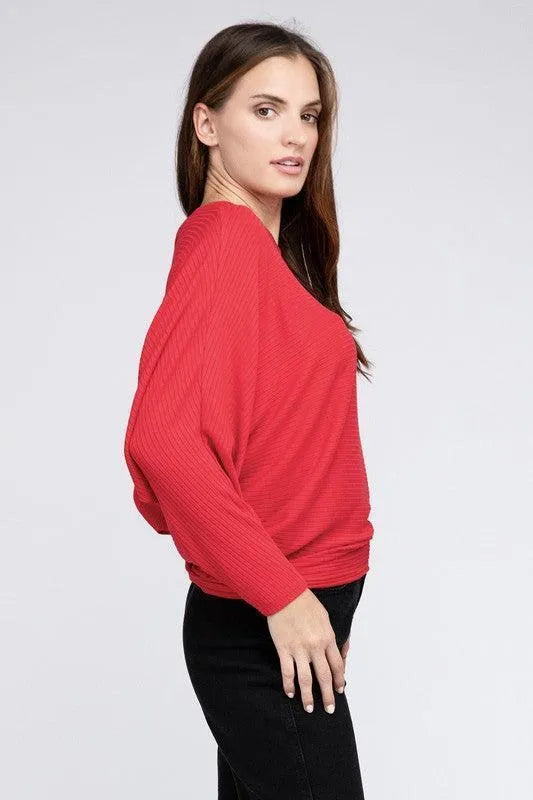 Ribbed Batwing Long Sleeve Boat Neck Sweater - Jessiz Boutique