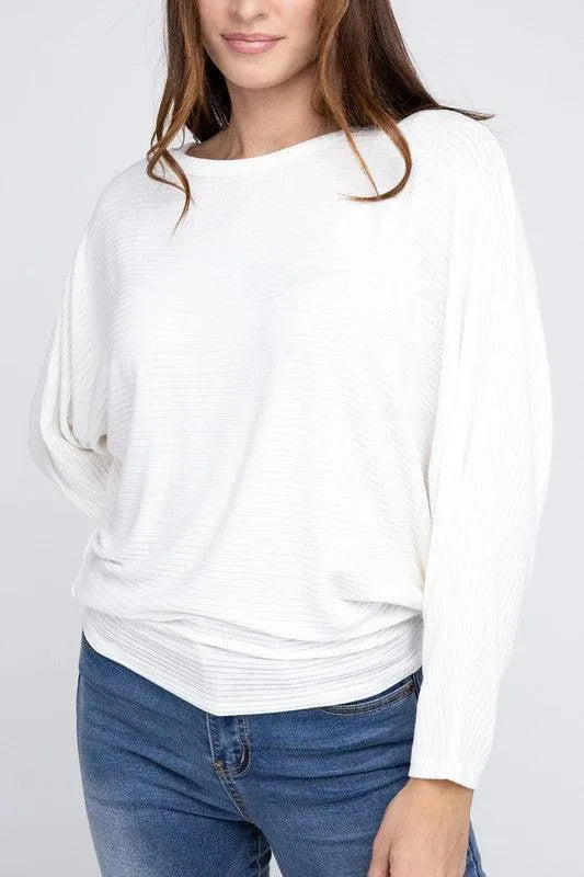 Ribbed Batwing Long Sleeve Boat Neck Sweater - Jessiz Boutique