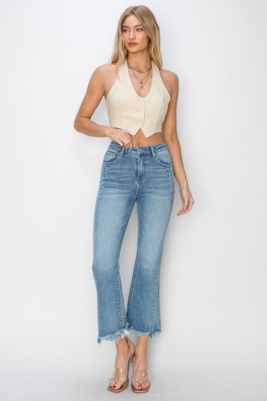 RISEN High Rise Frayed Hem Flare Jeans - Jessiz Boutique