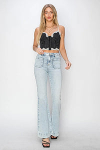 Risen High Rise Front Patch Pocket Flare Jeans - Jessiz Boutique