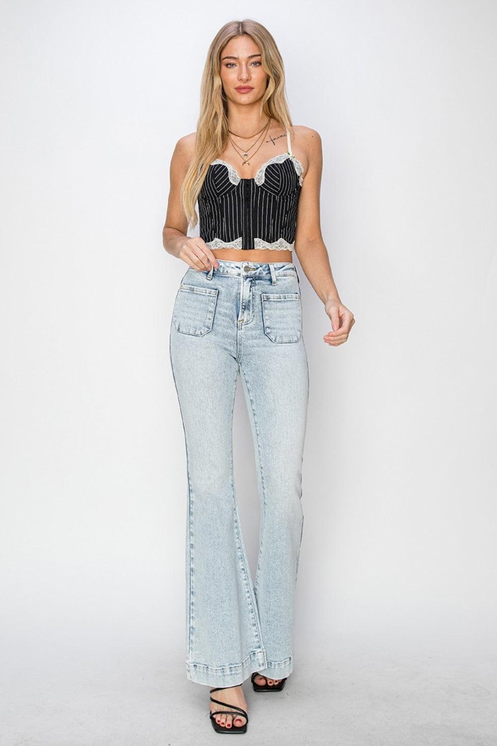 Risen High Rise Front Patch Pocket Flare Jeans - Jessiz Boutique