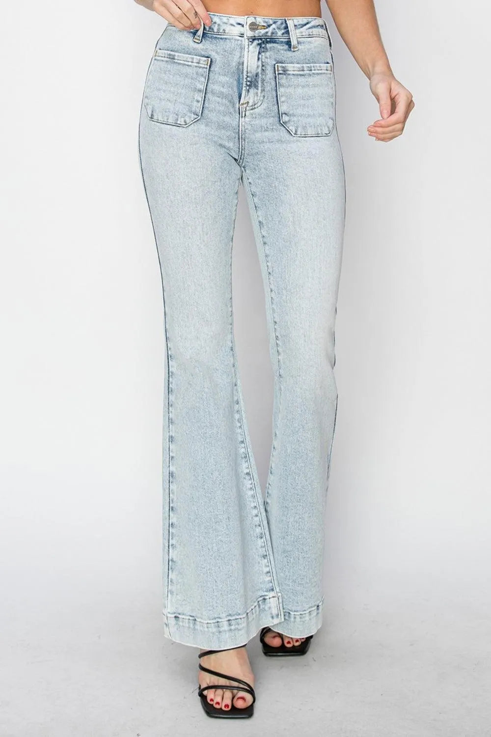 Risen High Rise Front Patch Pocket Flare Jeans - Jessiz Boutique