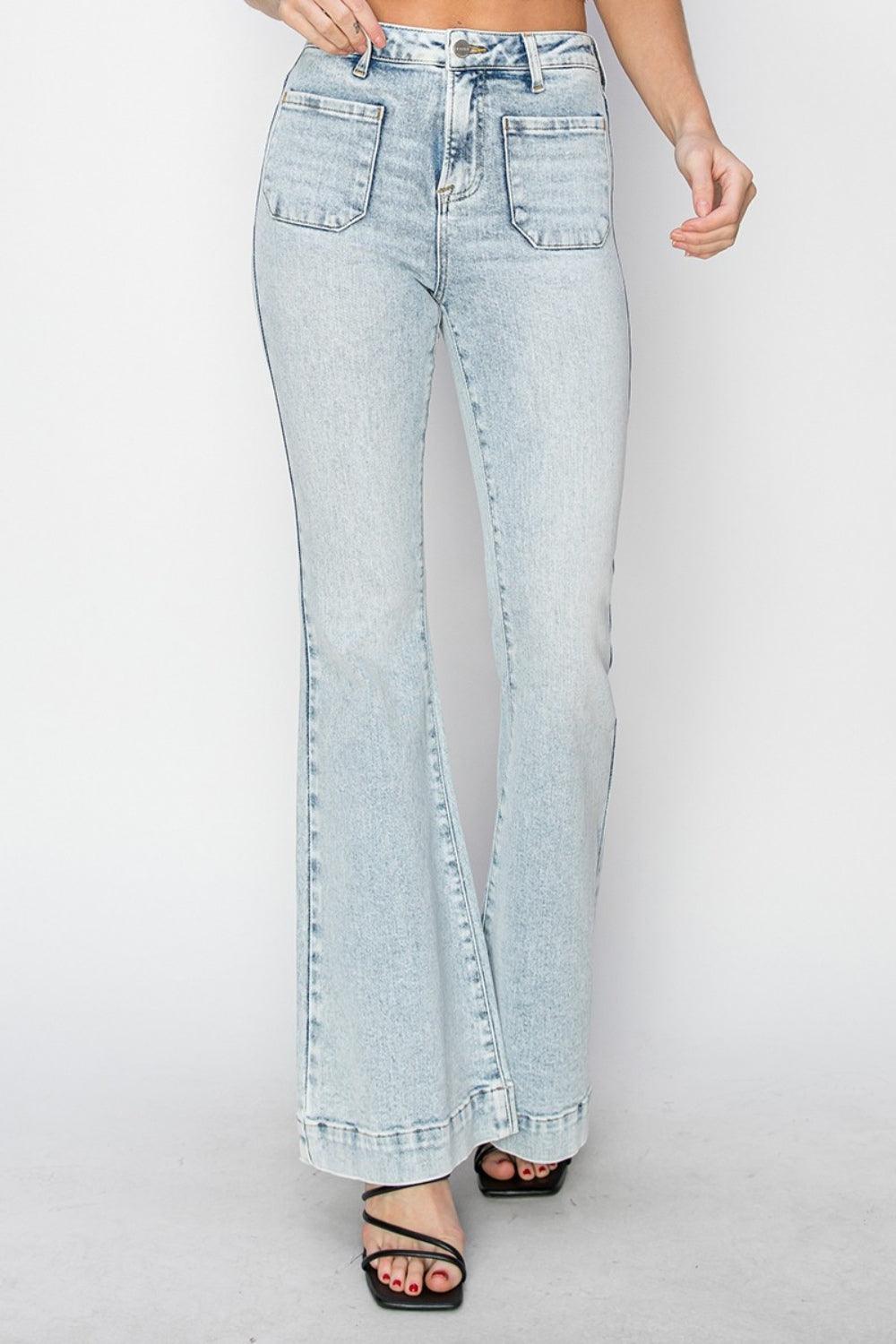 Risen High Rise Front Patch Pocket Flare Jeans - Jessiz Boutique