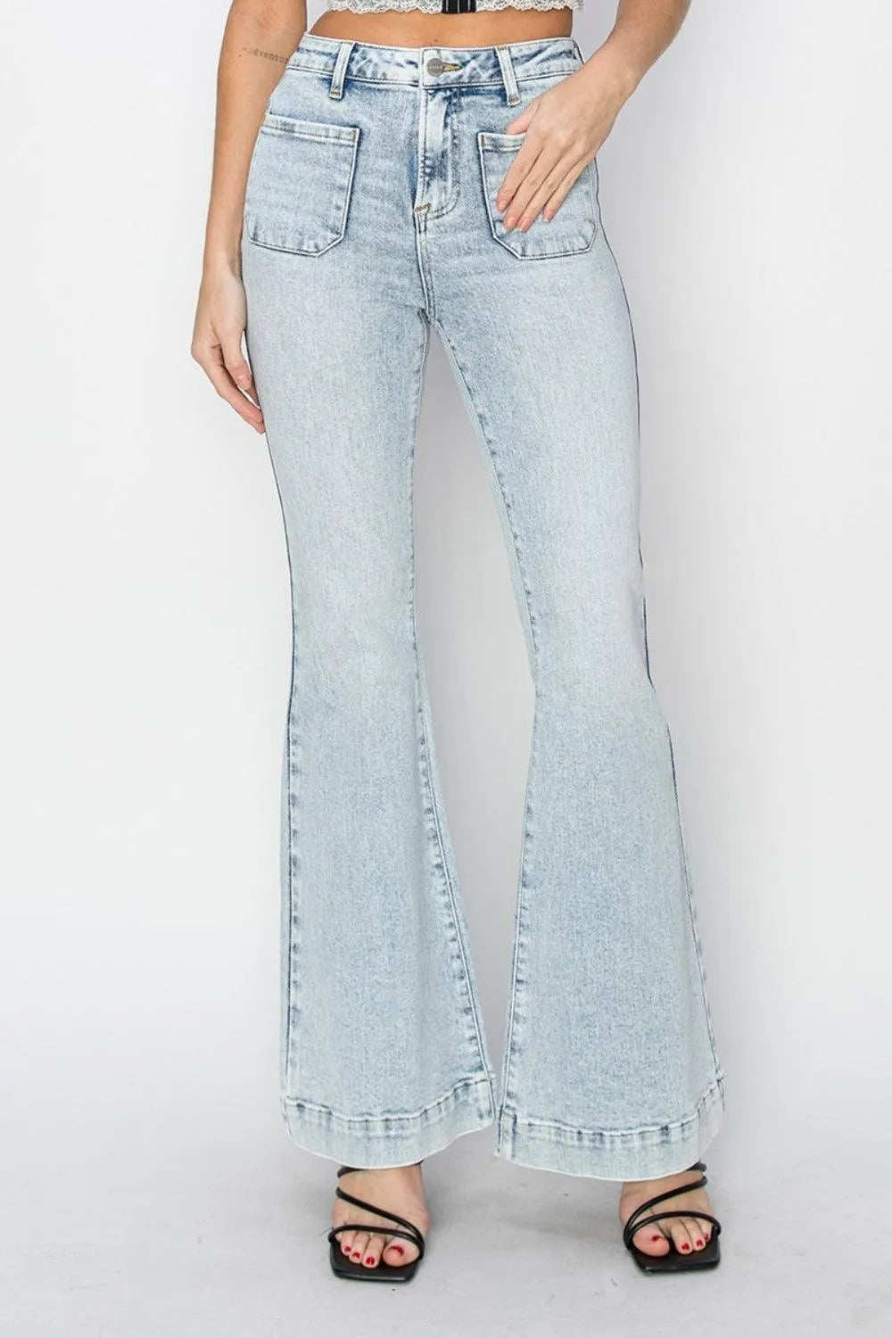 Risen High Rise Front Patch Pocket Flare Jeans - Jessiz Boutique