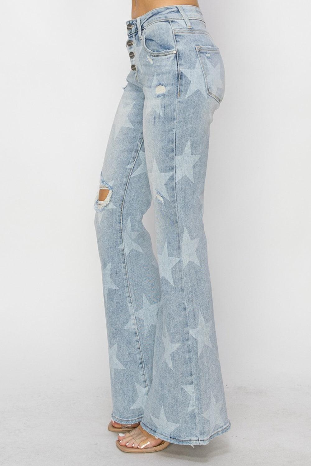 RISEN Mid Rise Button Fly Start Print Flare Jeans - Jessiz Boutique