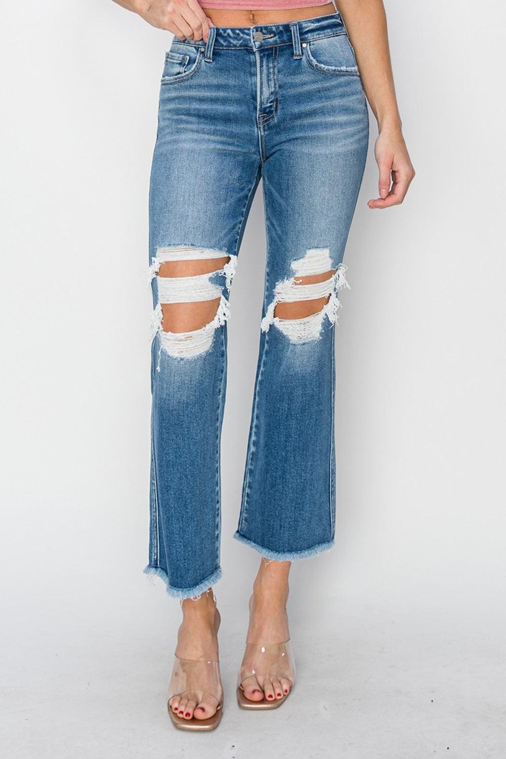 RISEN Mid Rise Distressed Cropped Flare Jeans - Jessiz Boutique