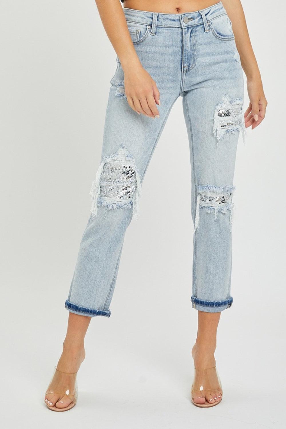 RISEN Mid-Rise Sequin Patched Jeans - Jessiz Boutique