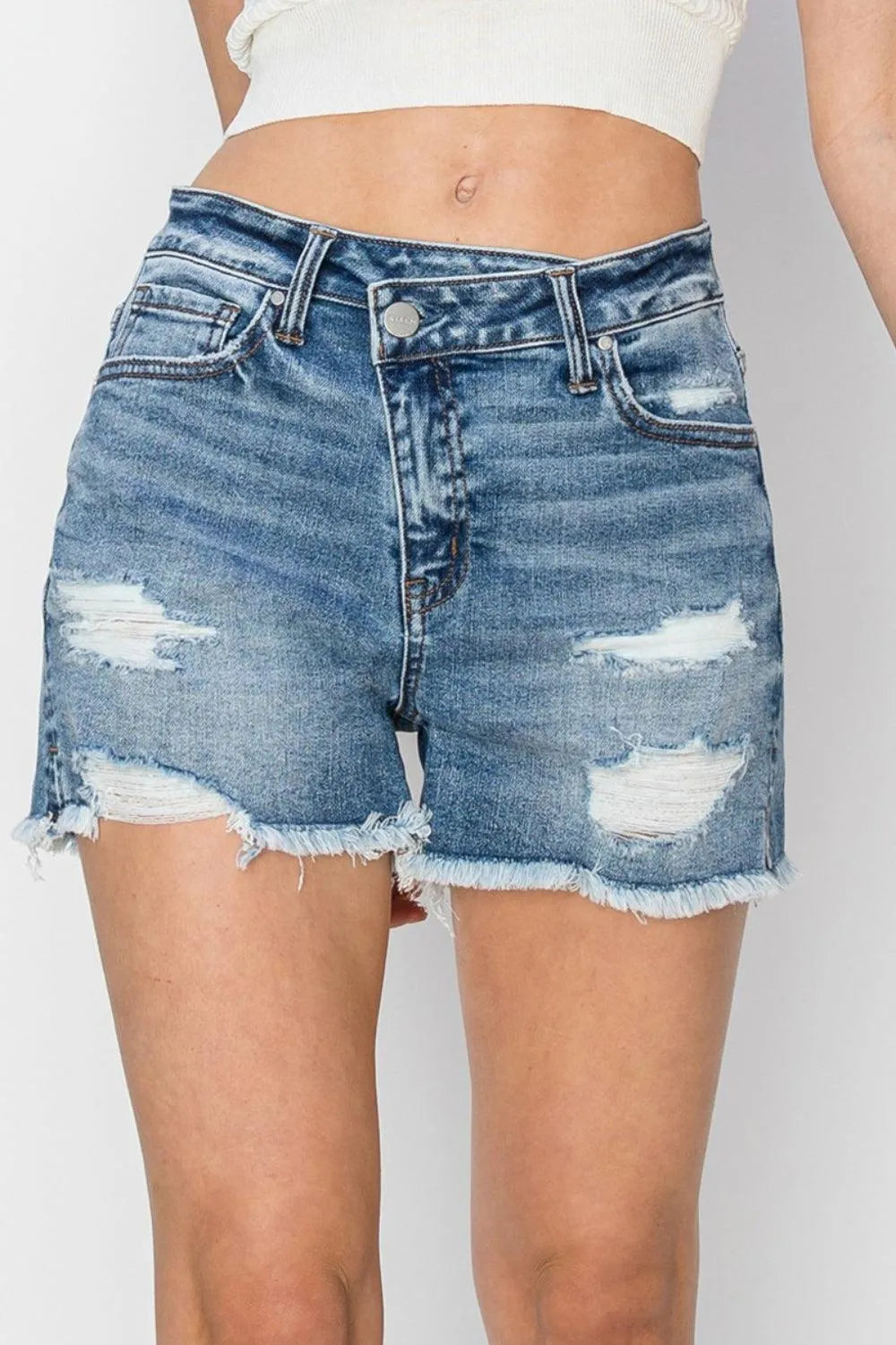 RISEN Stepped Waist Frayed Denim Shorts - Jessiz Boutique