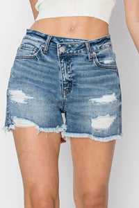 RISEN Stepped Waist Frayed Denim Shorts - Jessiz Boutique