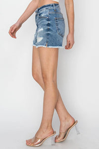 RISEN Stepped Waist Frayed Denim Shorts - Jessiz Boutique